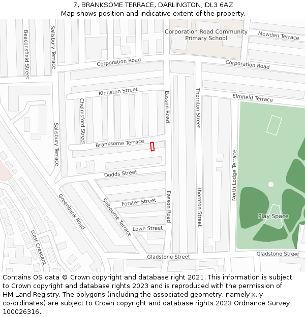 7, BRANKSOME TERRACE, DARLINGTON, DL3 6AZ: Location map and indicative extent of plot