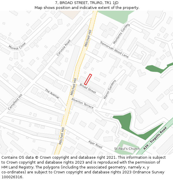 7, BROAD STREET, TRURO, TR1 1JD: Location map and indicative extent of plot