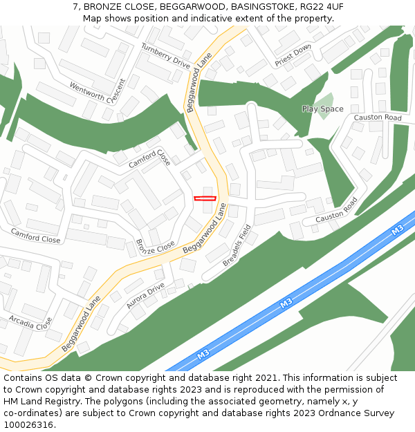 7, BRONZE CLOSE, BEGGARWOOD, BASINGSTOKE, RG22 4UF: Location map and indicative extent of plot