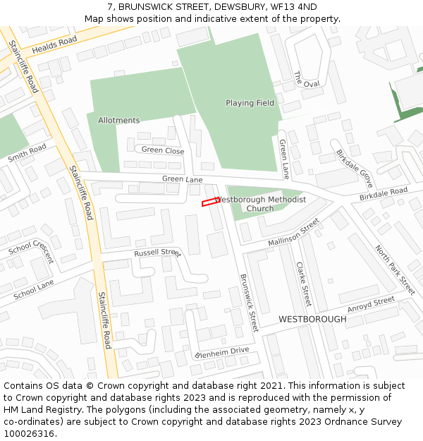 7, BRUNSWICK STREET, DEWSBURY, WF13 4ND: Location map and indicative extent of plot