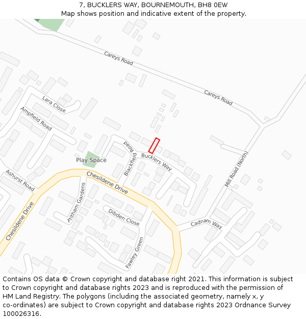 7, BUCKLERS WAY, BOURNEMOUTH, BH8 0EW: Location map and indicative extent of plot
