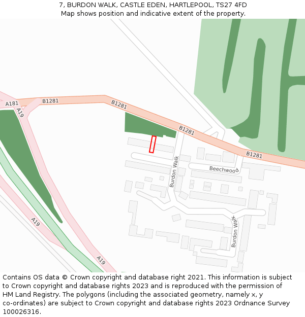 7, BURDON WALK, CASTLE EDEN, HARTLEPOOL, TS27 4FD: Location map and indicative extent of plot