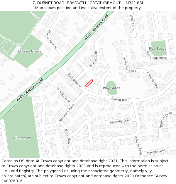 7, BURNET ROAD, BRADWELL, GREAT YARMOUTH, NR31 8SL: Location map and indicative extent of plot