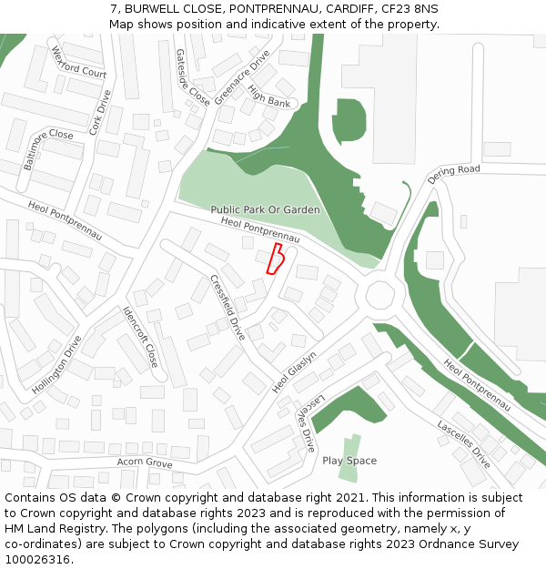 7, BURWELL CLOSE, PONTPRENNAU, CARDIFF, CF23 8NS: Location map and indicative extent of plot