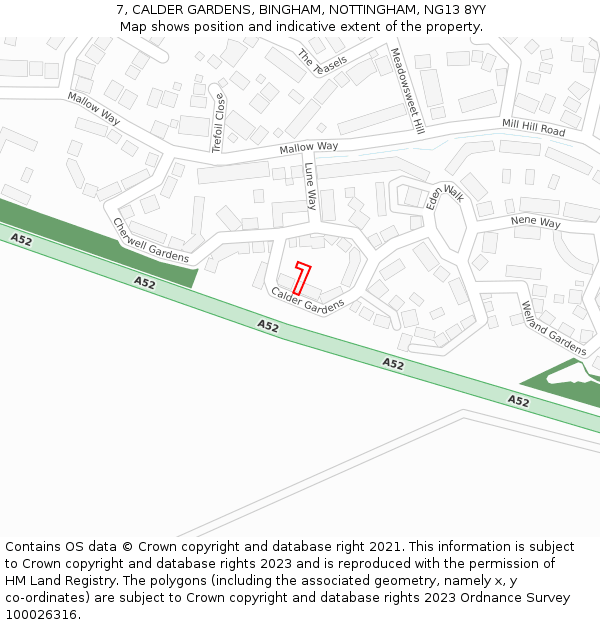 7, CALDER GARDENS, BINGHAM, NOTTINGHAM, NG13 8YY: Location map and indicative extent of plot