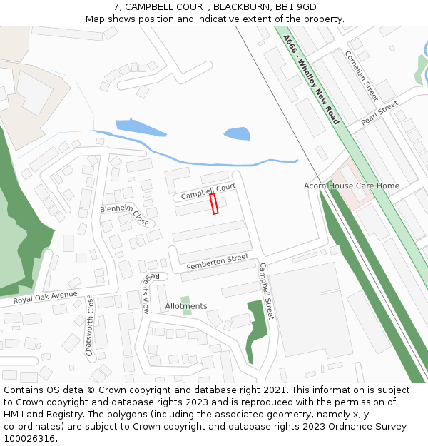7, CAMPBELL COURT, BLACKBURN, BB1 9GD: Location map and indicative extent of plot