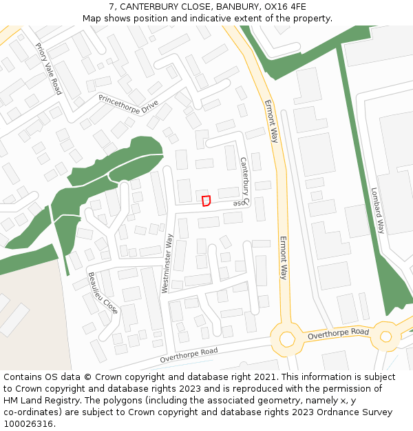 7, CANTERBURY CLOSE, BANBURY, OX16 4FE: Location map and indicative extent of plot
