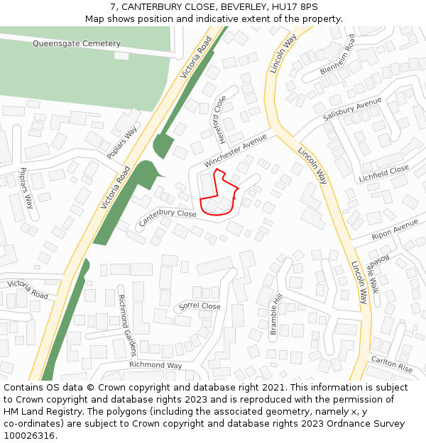 7, CANTERBURY CLOSE, BEVERLEY, HU17 8PS: Location map and indicative extent of plot