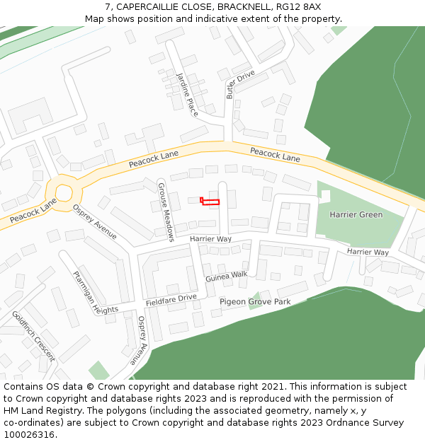 7, CAPERCAILLIE CLOSE, BRACKNELL, RG12 8AX: Location map and indicative extent of plot