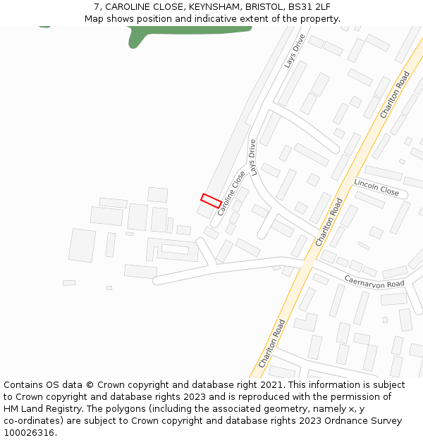 7, CAROLINE CLOSE, KEYNSHAM, BRISTOL, BS31 2LF: Location map and indicative extent of plot
