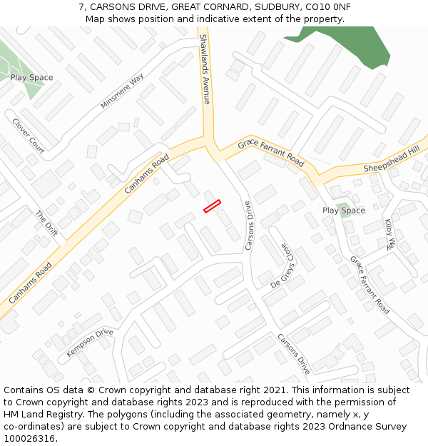 7, CARSONS DRIVE, GREAT CORNARD, SUDBURY, CO10 0NF: Location map and indicative extent of plot