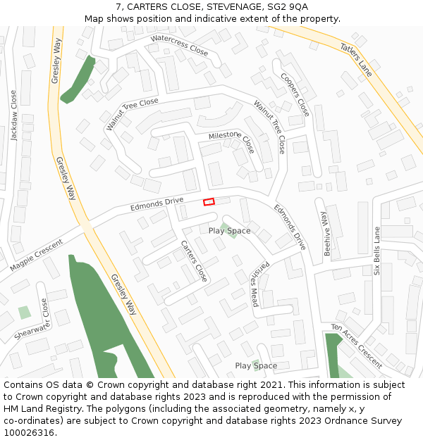 7, CARTERS CLOSE, STEVENAGE, SG2 9QA: Location map and indicative extent of plot