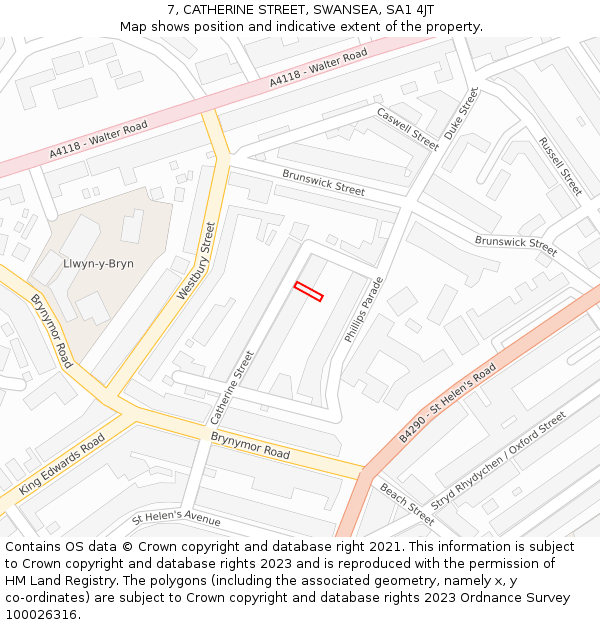 7, CATHERINE STREET, SWANSEA, SA1 4JT: Location map and indicative extent of plot