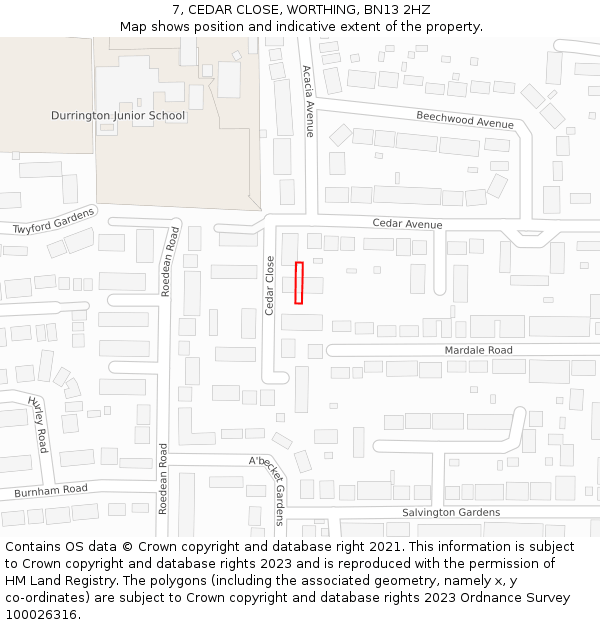 7, CEDAR CLOSE, WORTHING, BN13 2HZ: Location map and indicative extent of plot