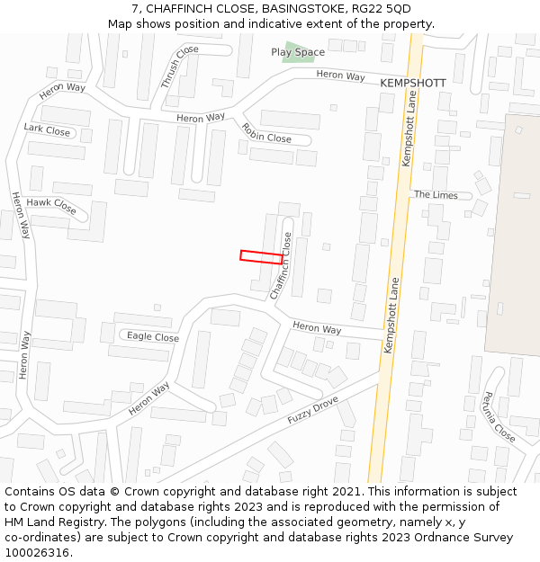 7, CHAFFINCH CLOSE, BASINGSTOKE, RG22 5QD: Location map and indicative extent of plot