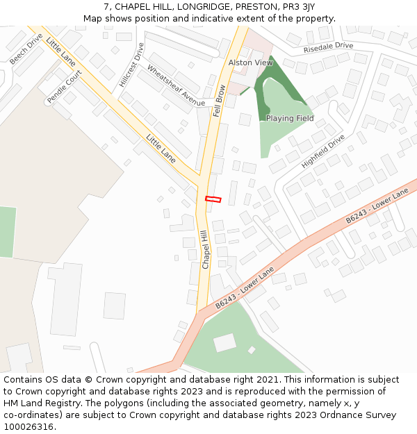 7, CHAPEL HILL, LONGRIDGE, PRESTON, PR3 3JY: Location map and indicative extent of plot