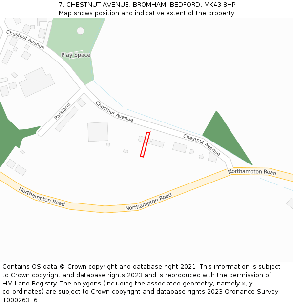 7, CHESTNUT AVENUE, BROMHAM, BEDFORD, MK43 8HP: Location map and indicative extent of plot