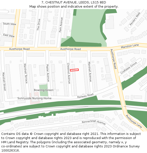 7, CHESTNUT AVENUE, LEEDS, LS15 8ED: Location map and indicative extent of plot