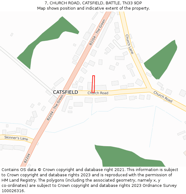 7, CHURCH ROAD, CATSFIELD, BATTLE, TN33 9DP: Location map and indicative extent of plot