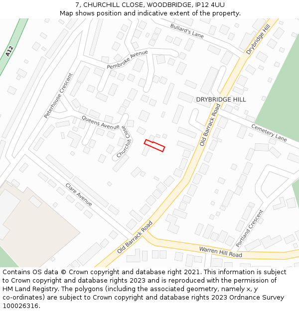 7, CHURCHILL CLOSE, WOODBRIDGE, IP12 4UU: Location map and indicative extent of plot