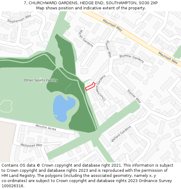 7, CHURCHWARD GARDENS, HEDGE END, SOUTHAMPTON, SO30 2XP: Location map and indicative extent of plot