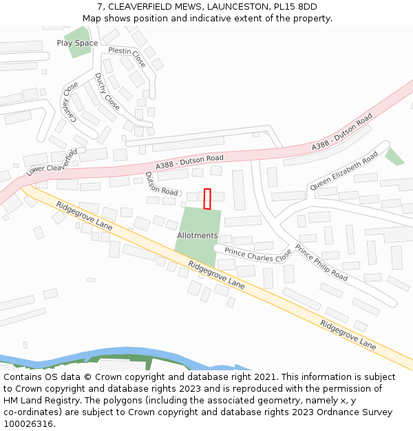 7, CLEAVERFIELD MEWS, LAUNCESTON, PL15 8DD: Location map and indicative extent of plot
