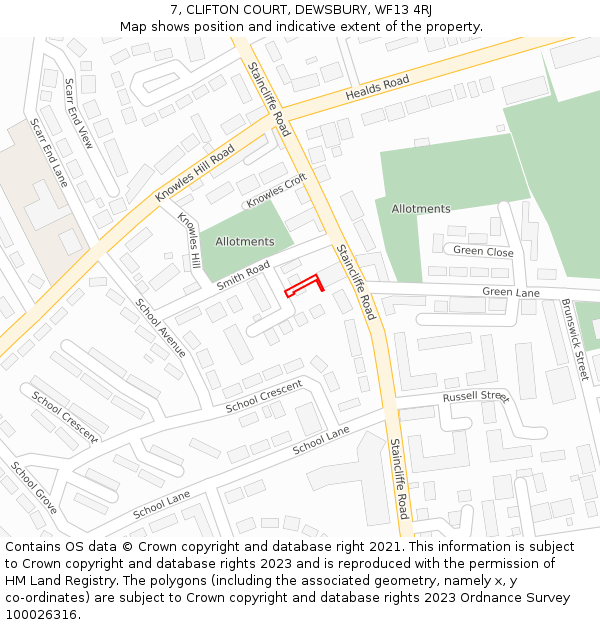 7, CLIFTON COURT, DEWSBURY, WF13 4RJ: Location map and indicative extent of plot