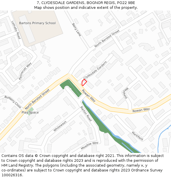7, CLYDESDALE GARDENS, BOGNOR REGIS, PO22 9BE: Location map and indicative extent of plot