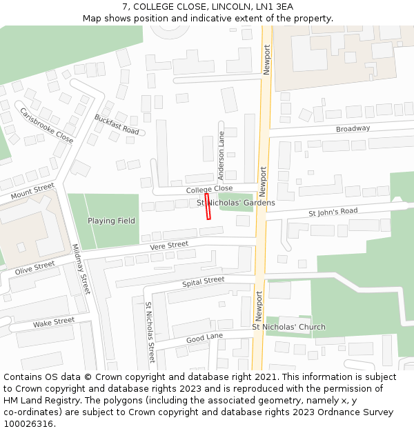 7, COLLEGE CLOSE, LINCOLN, LN1 3EA: Location map and indicative extent of plot