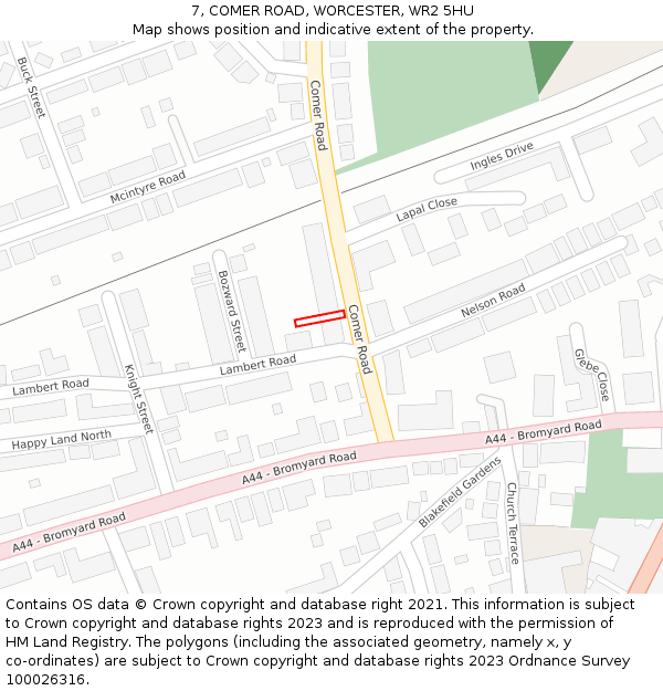 7, COMER ROAD, WORCESTER, WR2 5HU: Location map and indicative extent of plot