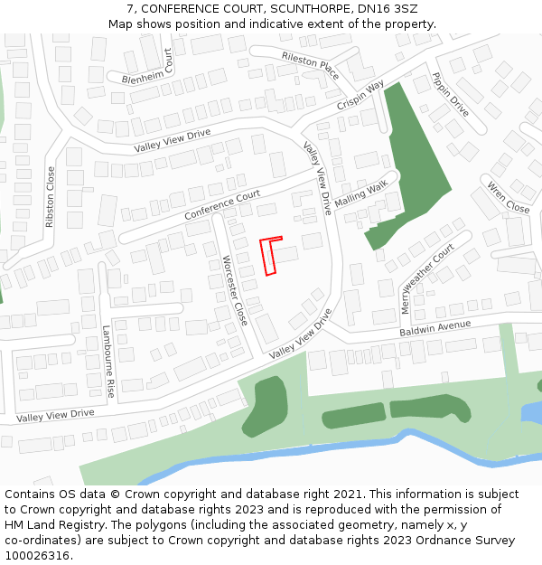 7, CONFERENCE COURT, SCUNTHORPE, DN16 3SZ: Location map and indicative extent of plot