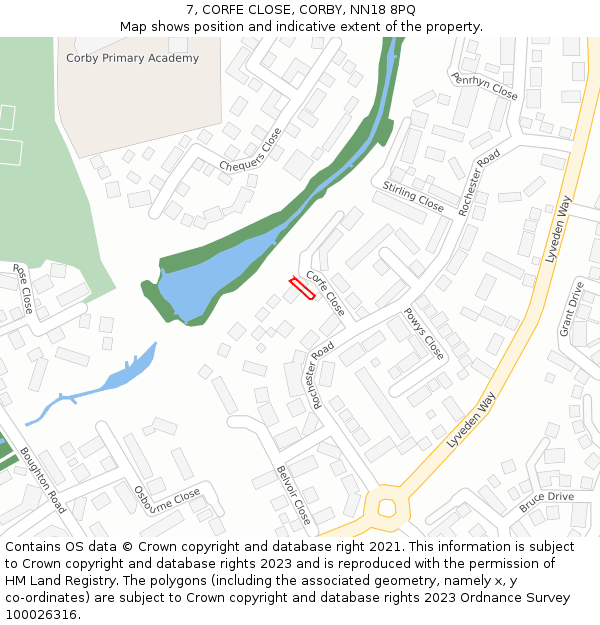 7, CORFE CLOSE, CORBY, NN18 8PQ: Location map and indicative extent of plot