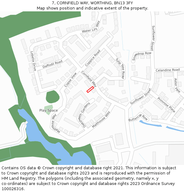 7, CORNFIELD WAY, WORTHING, BN13 3FY: Location map and indicative extent of plot