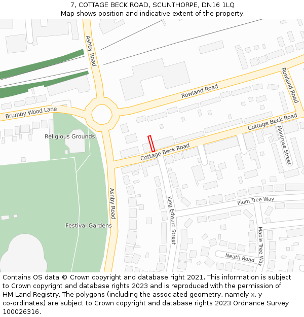 7, COTTAGE BECK ROAD, SCUNTHORPE, DN16 1LQ: Location map and indicative extent of plot