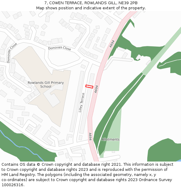 7, COWEN TERRACE, ROWLANDS GILL, NE39 2PB: Location map and indicative extent of plot