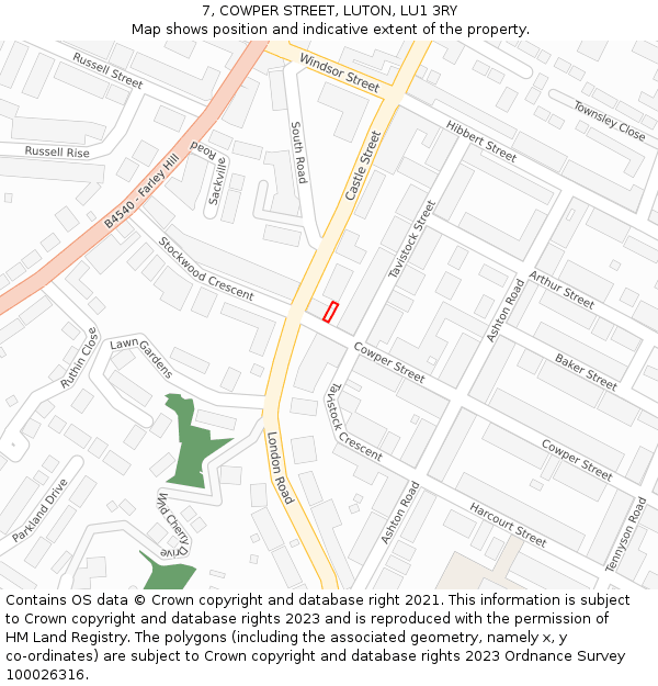 7, COWPER STREET, LUTON, LU1 3RY: Location map and indicative extent of plot