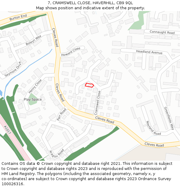 7, CRAMSWELL CLOSE, HAVERHILL, CB9 9QL: Location map and indicative extent of plot