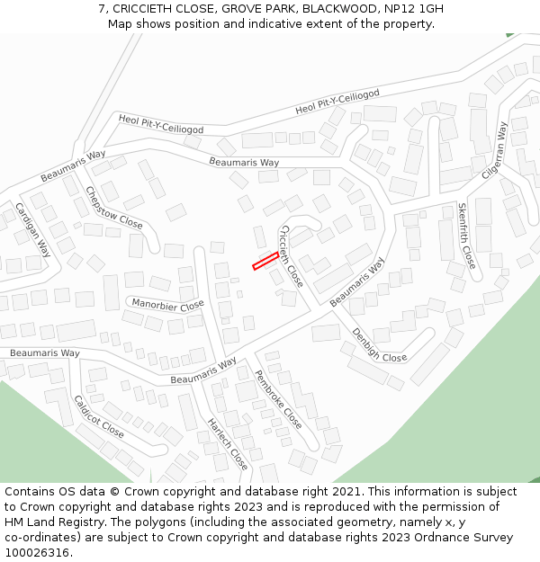 7, CRICCIETH CLOSE, GROVE PARK, BLACKWOOD, NP12 1GH: Location map and indicative extent of plot