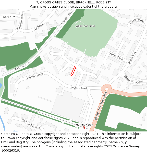 7, CROSS GATES CLOSE, BRACKNELL, RG12 9TY: Location map and indicative extent of plot