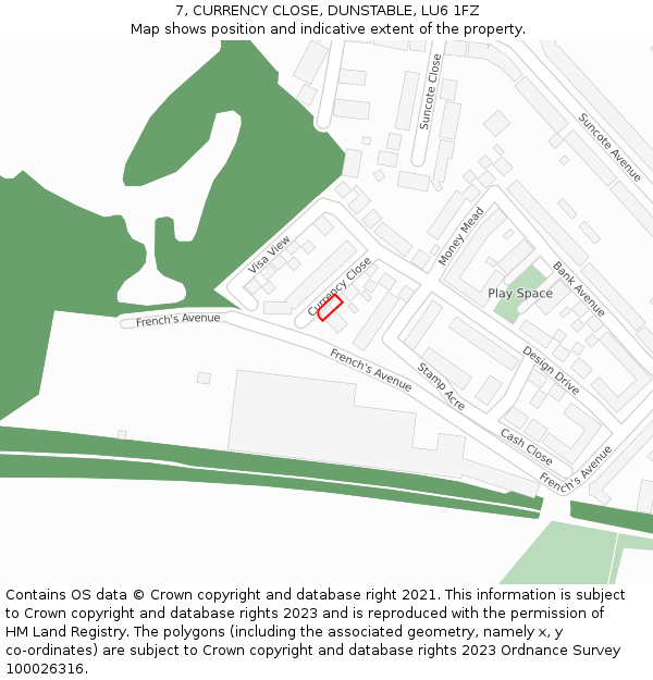 7, CURRENCY CLOSE, DUNSTABLE, LU6 1FZ: Location map and indicative extent of plot