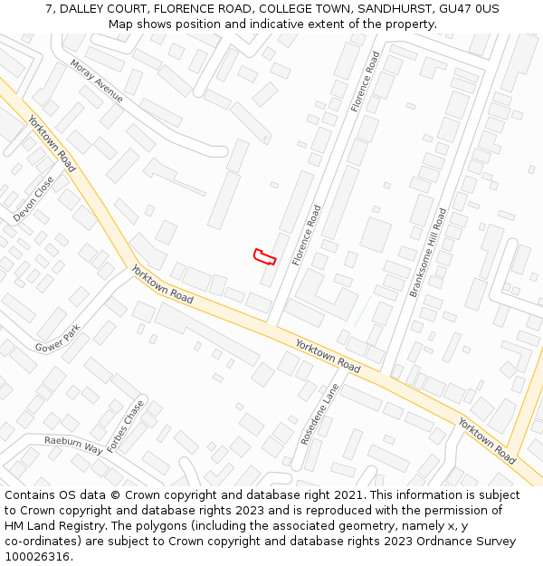 7, DALLEY COURT, FLORENCE ROAD, COLLEGE TOWN, SANDHURST, GU47 0US: Location map and indicative extent of plot