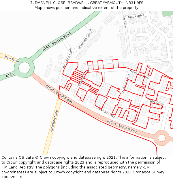 7, DARNELL CLOSE, BRADWELL, GREAT YARMOUTH, NR31 9FS: Location map and indicative extent of plot