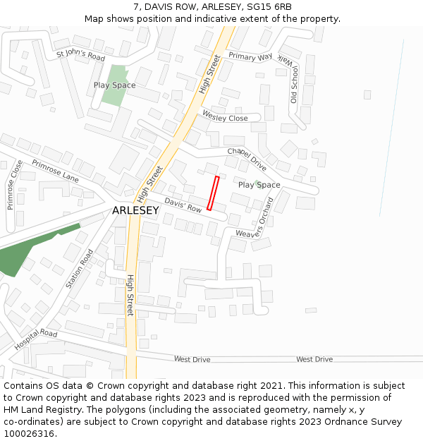 7, DAVIS ROW, ARLESEY, SG15 6RB: Location map and indicative extent of plot