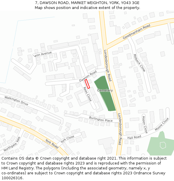 7, DAWSON ROAD, MARKET WEIGHTON, YORK, YO43 3GE: Location map and indicative extent of plot