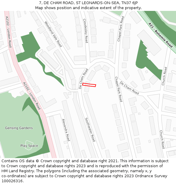 7, DE CHAM ROAD, ST LEONARDS-ON-SEA, TN37 6JP: Location map and indicative extent of plot
