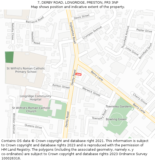 7, DERBY ROAD, LONGRIDGE, PRESTON, PR3 3NP: Location map and indicative extent of plot