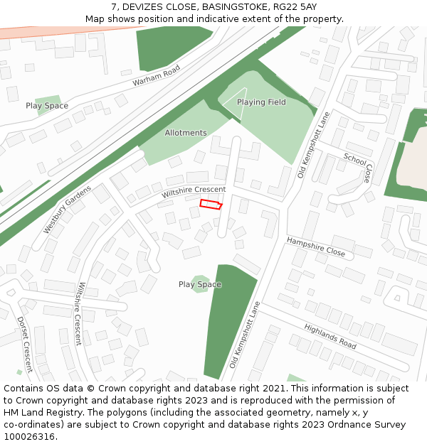 7, DEVIZES CLOSE, BASINGSTOKE, RG22 5AY: Location map and indicative extent of plot
