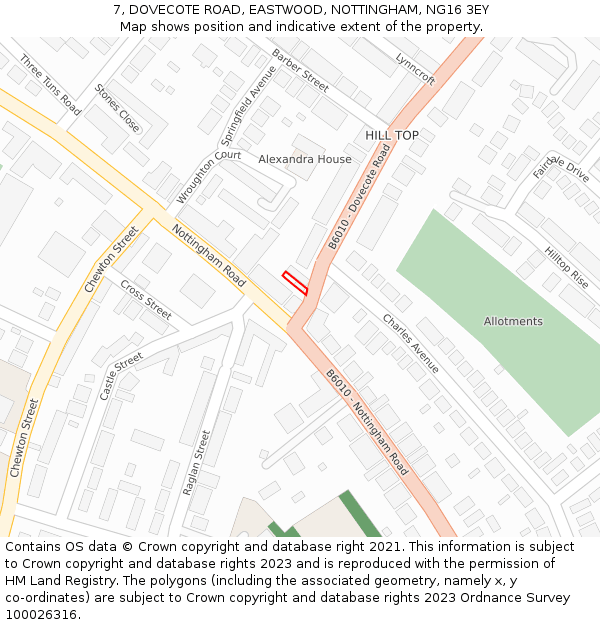 7, DOVECOTE ROAD, EASTWOOD, NOTTINGHAM, NG16 3EY: Location map and indicative extent of plot