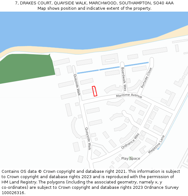 7, DRAKES COURT, QUAYSIDE WALK, MARCHWOOD, SOUTHAMPTON, SO40 4AA: Location map and indicative extent of plot