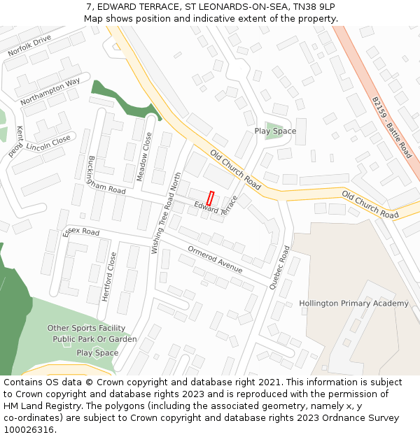 7, EDWARD TERRACE, ST LEONARDS-ON-SEA, TN38 9LP: Location map and indicative extent of plot